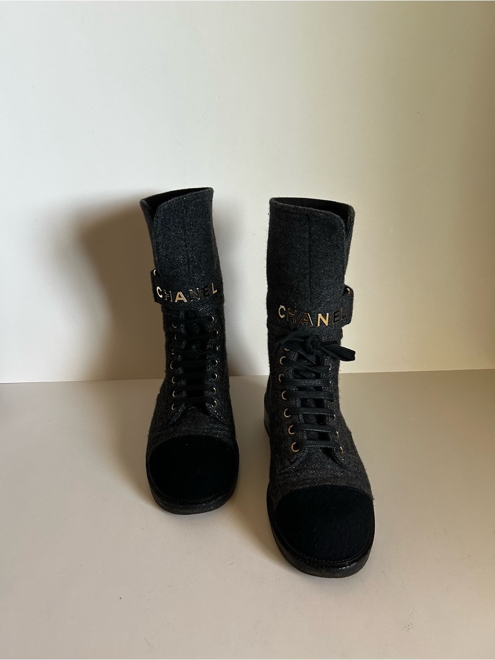 CHANEL Black Tweed Open-Toe Lace-Up Ankle Boots with Gold Logo Strap